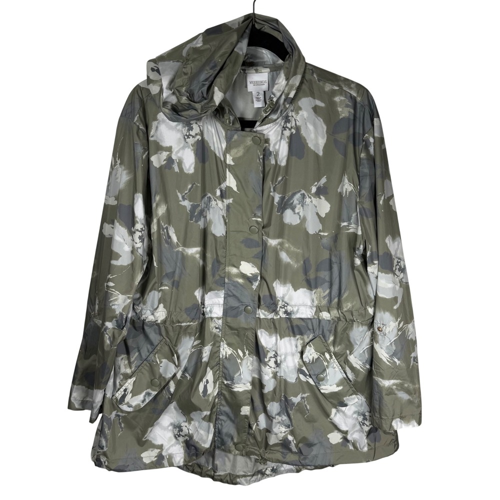 Weekendsโ by Chicos Size L Floral Hooded Windbreaker Jacket Olive Green Abstract